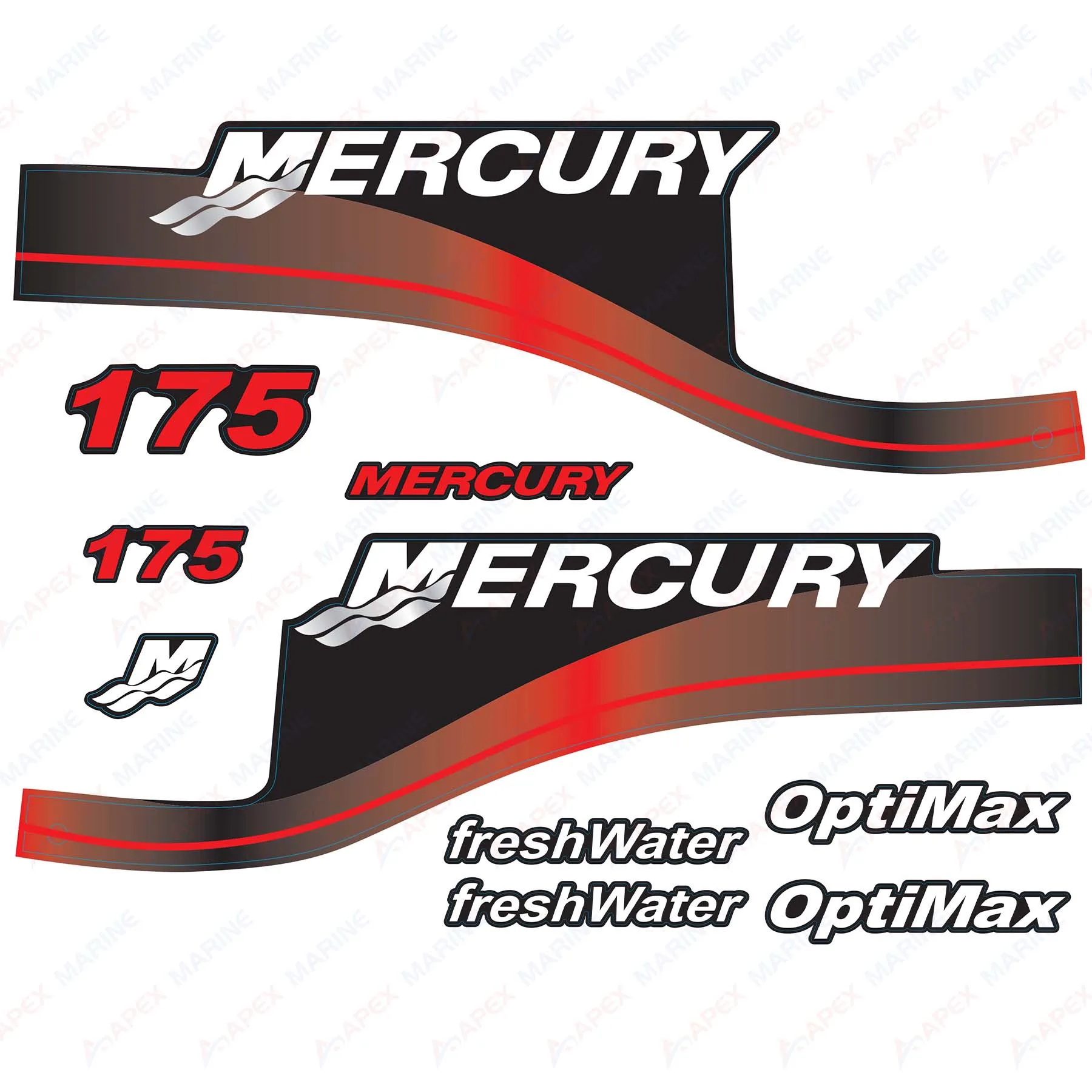 Decals for Mercury 175 hp OptiMax FreshWater Outboard Engine Red Decal Kit Sticker Set Reproduction 175HP OptiMax FreshWater