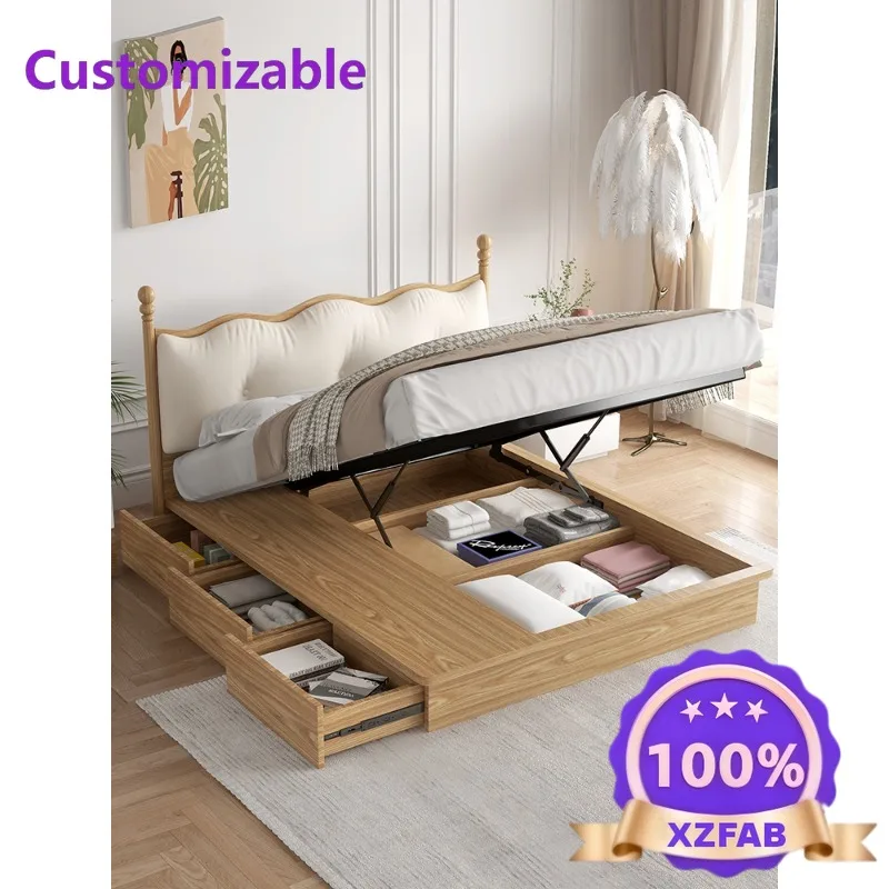 Factory Direct 2026 Solid wood leather bed High box storage Modern simple small apartment Double master bedroom soft bag 1.8m we