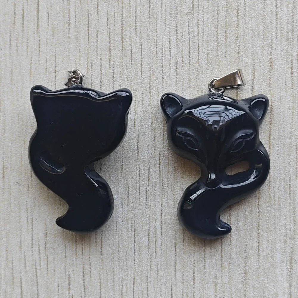 Natural Black agate Fashion good quality carved fox charms Pendants for diy jewelry making 2pcs/lot Wholesale Fast shipping