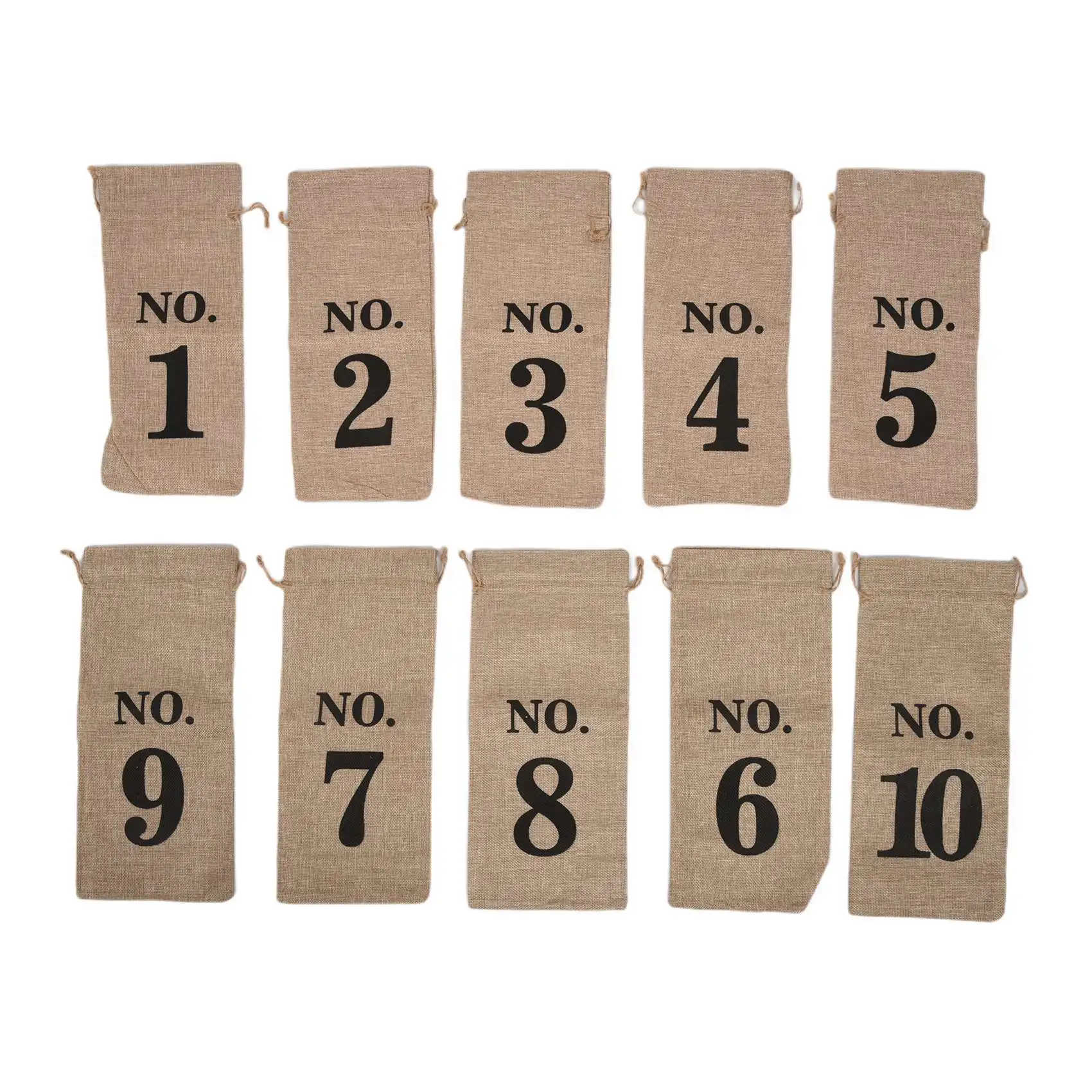 10Pcs Wine Bags, 14 x 6 1/4 Inches Hessian Numbered Wine Bottle Gift Bags with Drawstring for Blind Wine Tasting (Brown)