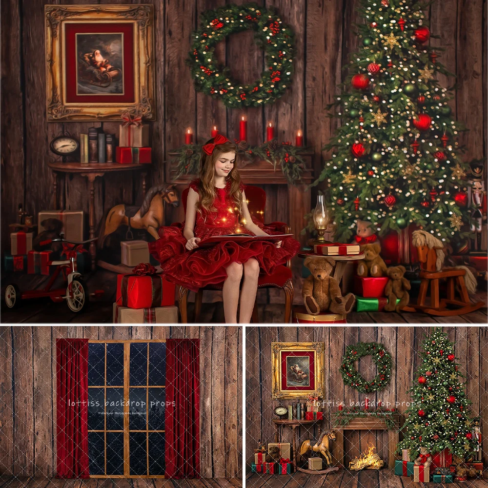 Classic Christmas Eve View Backdrops Family Adult Photography Props Child Kids Photo Wooden House Fireplace Backgrounds