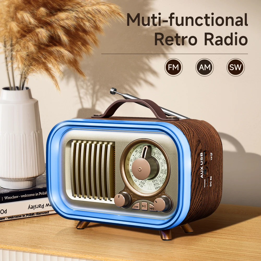 

Portable Radio with RGB Mood Light, Wireless FM/AM/SW Radio, Multicolor Night Light & Party Speaker, Vintage Style
