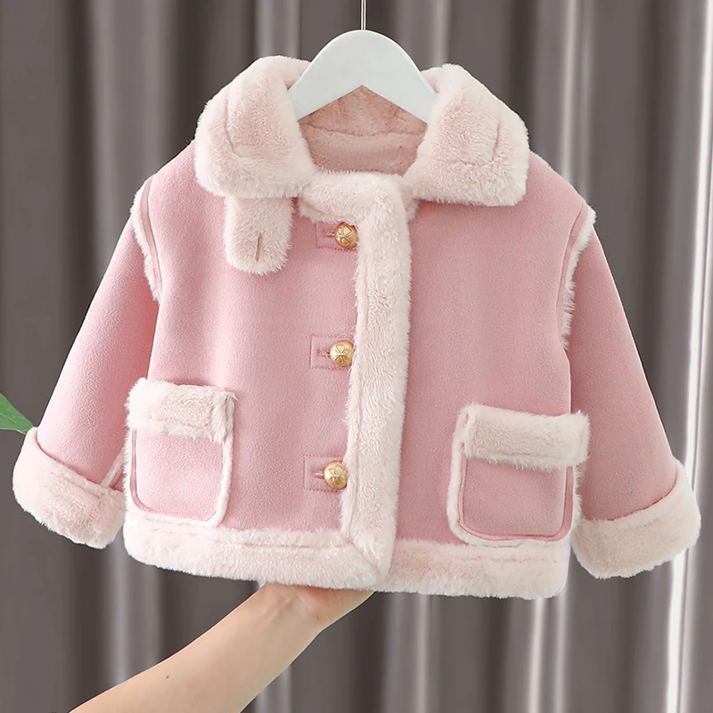 

Autumn Winter Toddler Coat Kids Girls Clothes Korean Fashion Pink Warm Thick Fleece Suede Children's Jackets Baby Clothing BC256