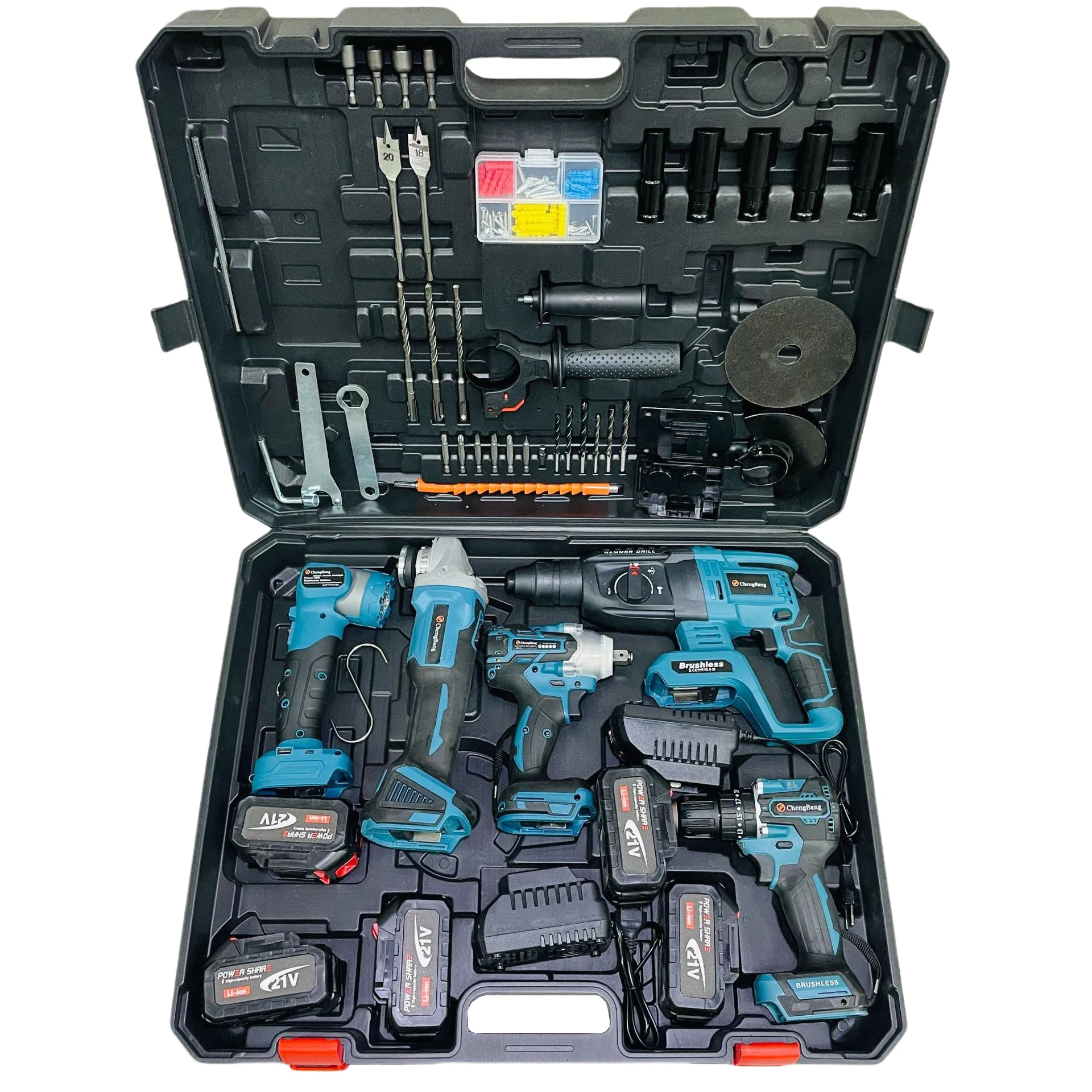 Conjunto de 5 peças de kits de ferramentas elétricas combinadas, martelo elétrico sem escova, broca de impacto, moedor de ângulo, chave sem fio, lâmpa