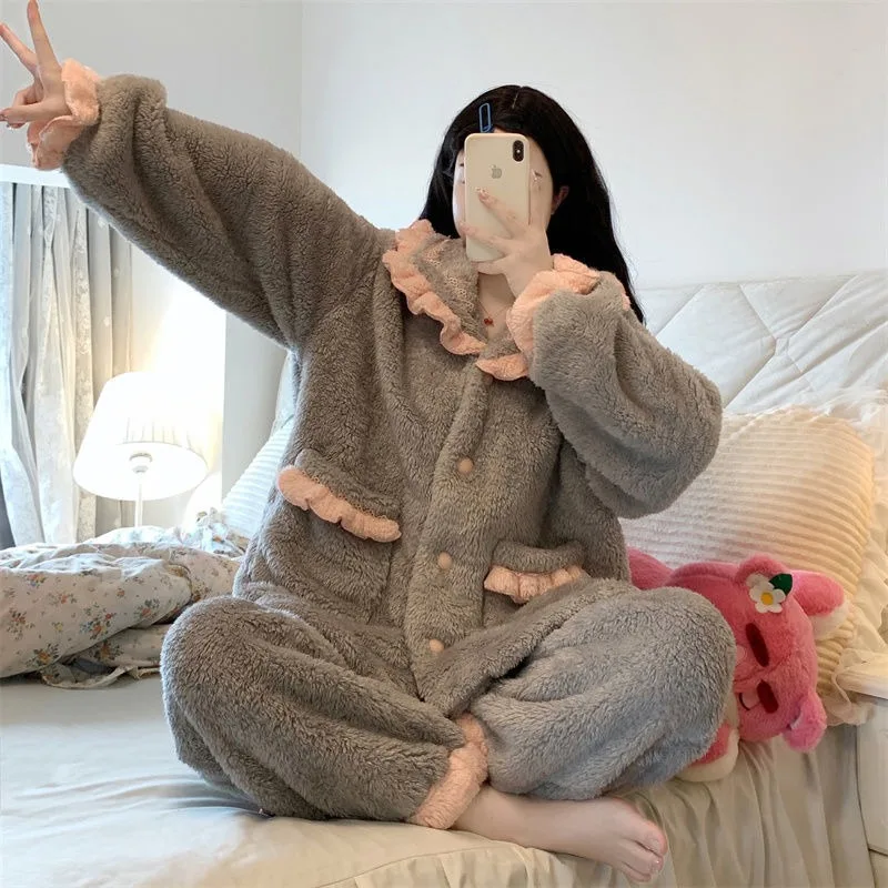 2023 beliebte Prinzessin Stil Koralle Plüsch Strickjacke Pyjama Frauen Winter neue Homewear süßes Mädchen faul nach Hause Set verdicken Lounge wear