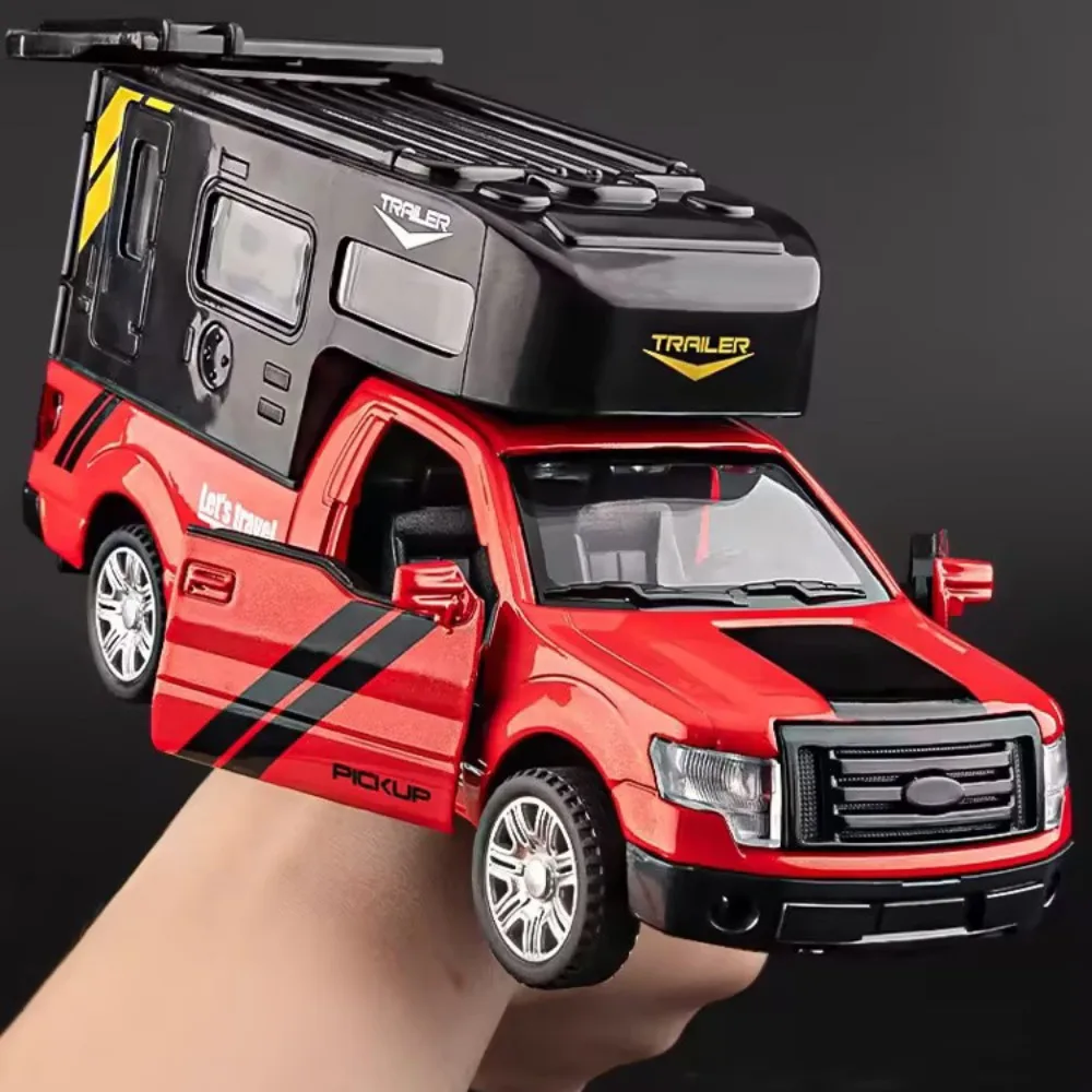 F150ピックアップトラックとrv合金モデルの車のおもちゃ、ディスティングサウンドとライト、プルバック、3つのドア、男の子へのギフト、スケール1/32