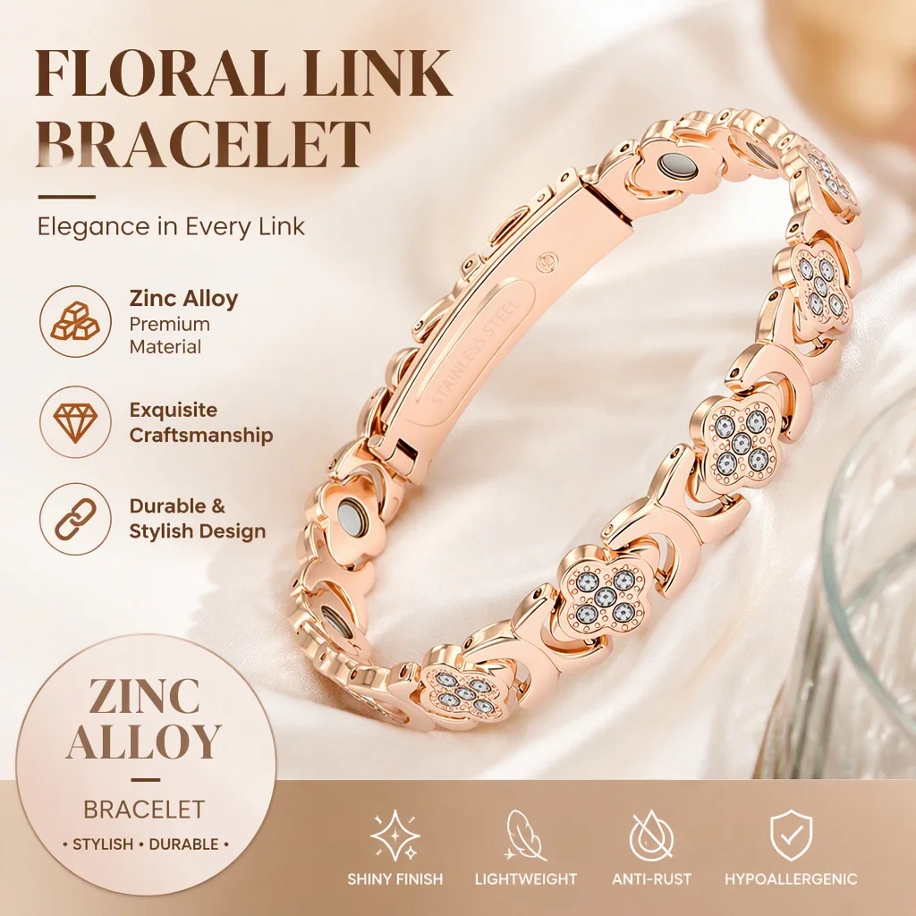 Four Leaf Clover Bracelet Rose Gold Zinc Alloy Floral Link Wristband with Sparkling Accents Anti-Rust Gift Send Regulator