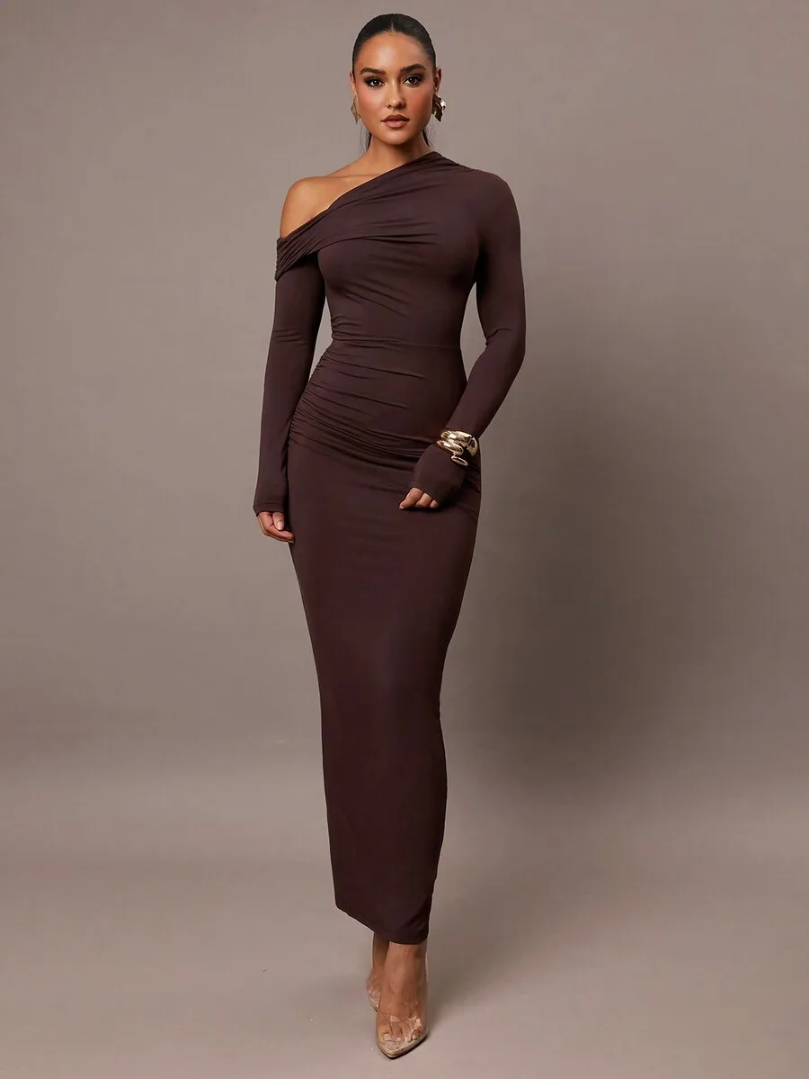 

Women's One-Shoulder Long Sleeve Bodycon Knit Dress in Solid Brown