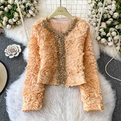 Autumn Spring New Pink Fragrant Coat Women's Nail Diamond Fashion Lace Jacket