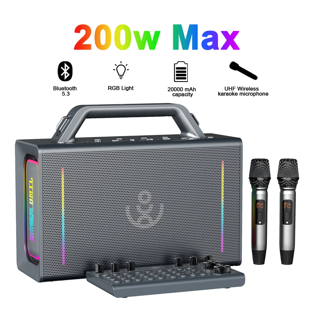 

Портативная караоке-система XDOBO BMTL Party Play с 2 беспроводными микрофонами, мощностью 200 Вт, уличная Bluetooth-колонка с RGB-подсветкой, BT5.3, 20000 мАч
