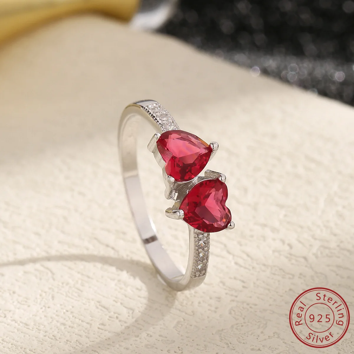 100% 925 sterling silver hot selling new minimalist and personalized double heart-shaped red zircon ring women fashionable ring