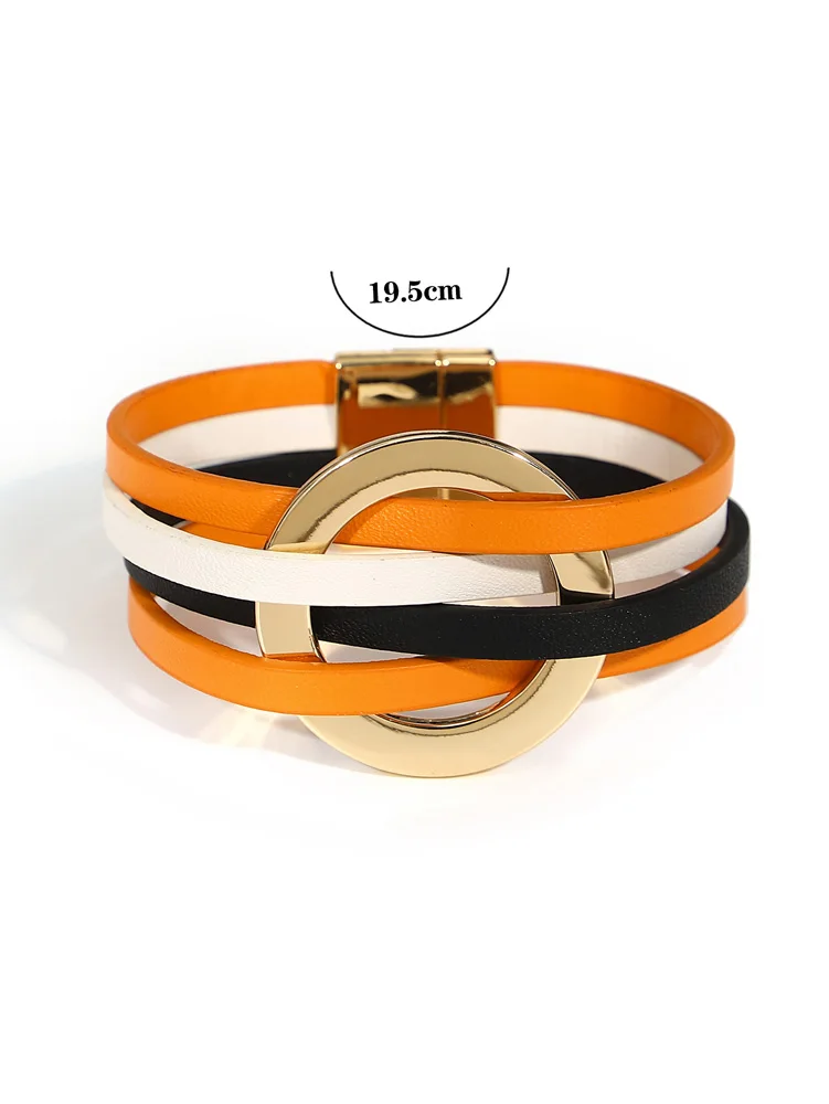 ALLYES Fashion Hollow Circle Wrap Leather Bracelet for Women Men Gothic Multilayer Orange Black Halloween Bracelet Party Jewelry