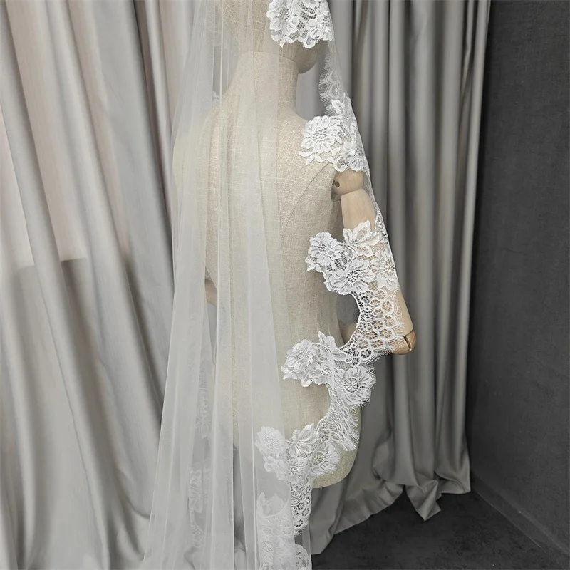 Customized Mantilla Veil with Eyelash Lace, 2m/2.5m/3m Single Tier Wedding Veil, Elegant Lace Ivory Bridal Veil with Hidden Comb