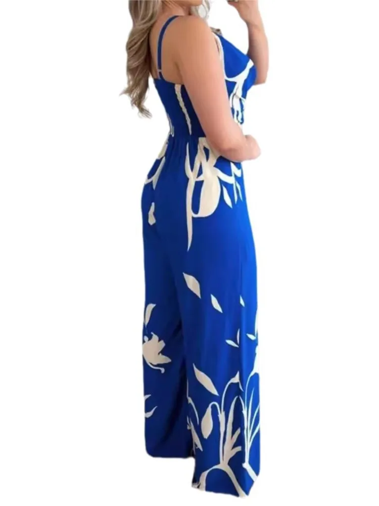 

Waist Cinched Wide Leg Jumpsuit For Women Spring Summer Clothing New Fashion Print Sexy Suspender Backless
