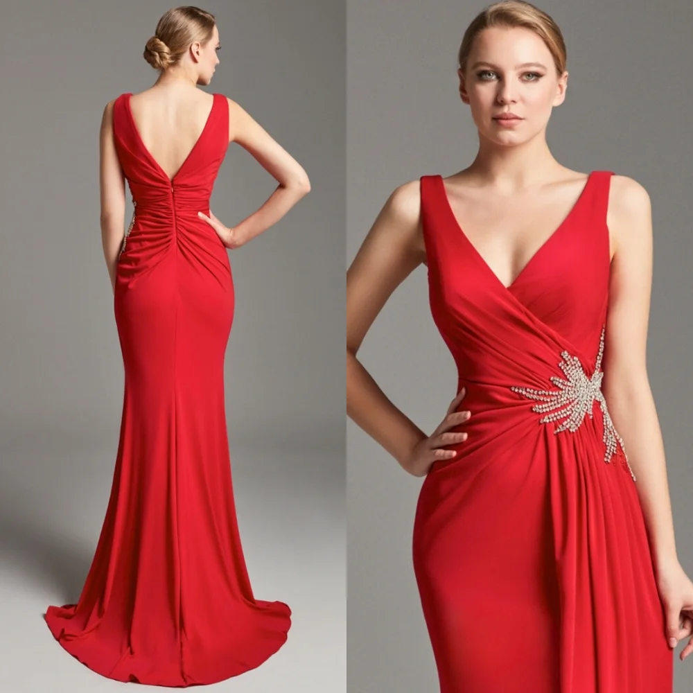 

Customized Formal Red Jersey Evening Dress Exquisite V-Neck Sleeveless Celebrity Gowns High Quality Special Occasion Gowns