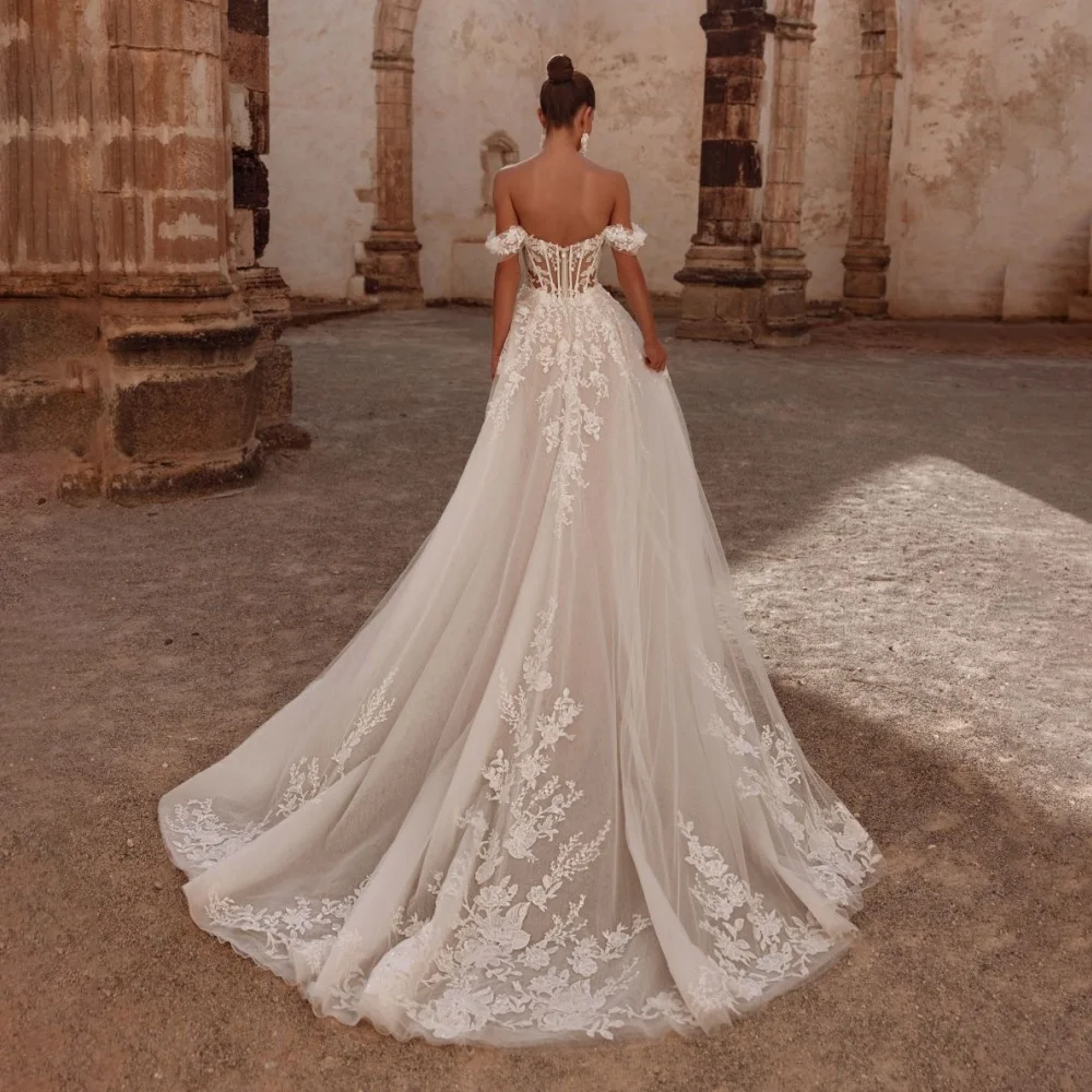 맞춤형 오프숄더 지퍼 웨딩드레스 여성용 V넥 매력적인 심플 레이스 아플리케 신부 드레스 베스티도스 데 노비아