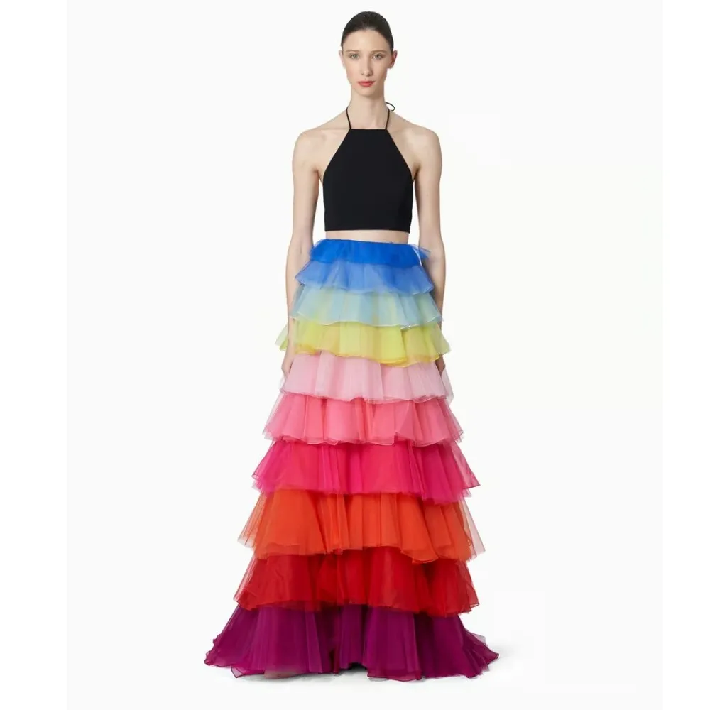 

Striking Colorful Tiered Organza Long Women Skirts To Party A-line Floor Length Rainbow Female Maxi Skirts Bridal Skirt