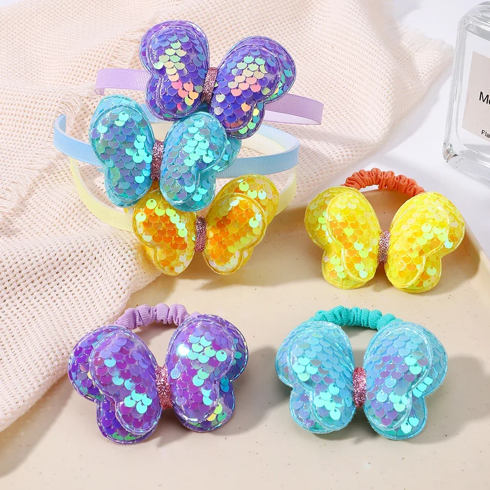 2Pcs Sequins Bows Hairbands Hair Ties Set Girls Shiny Butterfly Rubber Band Glitter Headband Kids Headwear Baby Hair Accessories