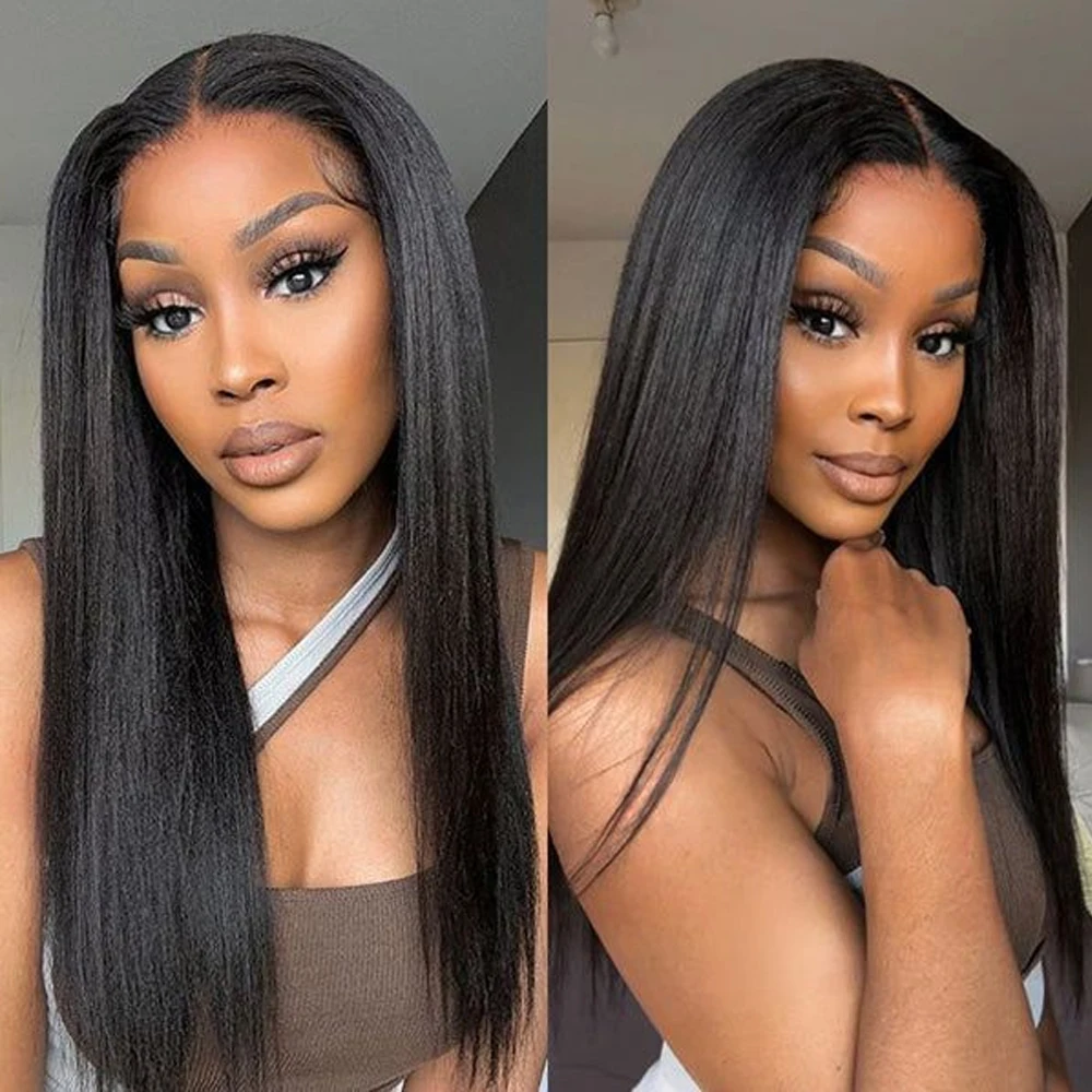 Glueless Yaki Straight Wig Human Hair Invisible Drawstring With Baby Hair Ready To Wear 2x4 Closure Wig No Glue Kinky Wigs 200%