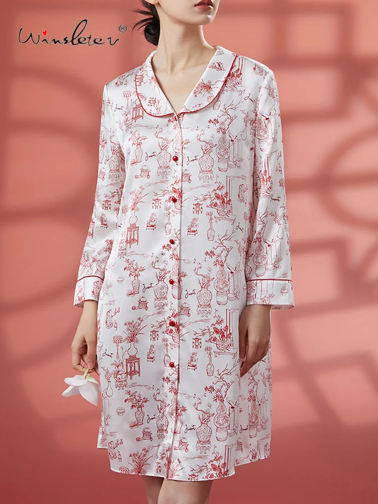 Winsleter, 19MM 100%Mulberry Silk Sexy Nightgown, Women Long Sleeve Print, Chinese Style Pajamas Dress, Autumn Winter P4N533CC