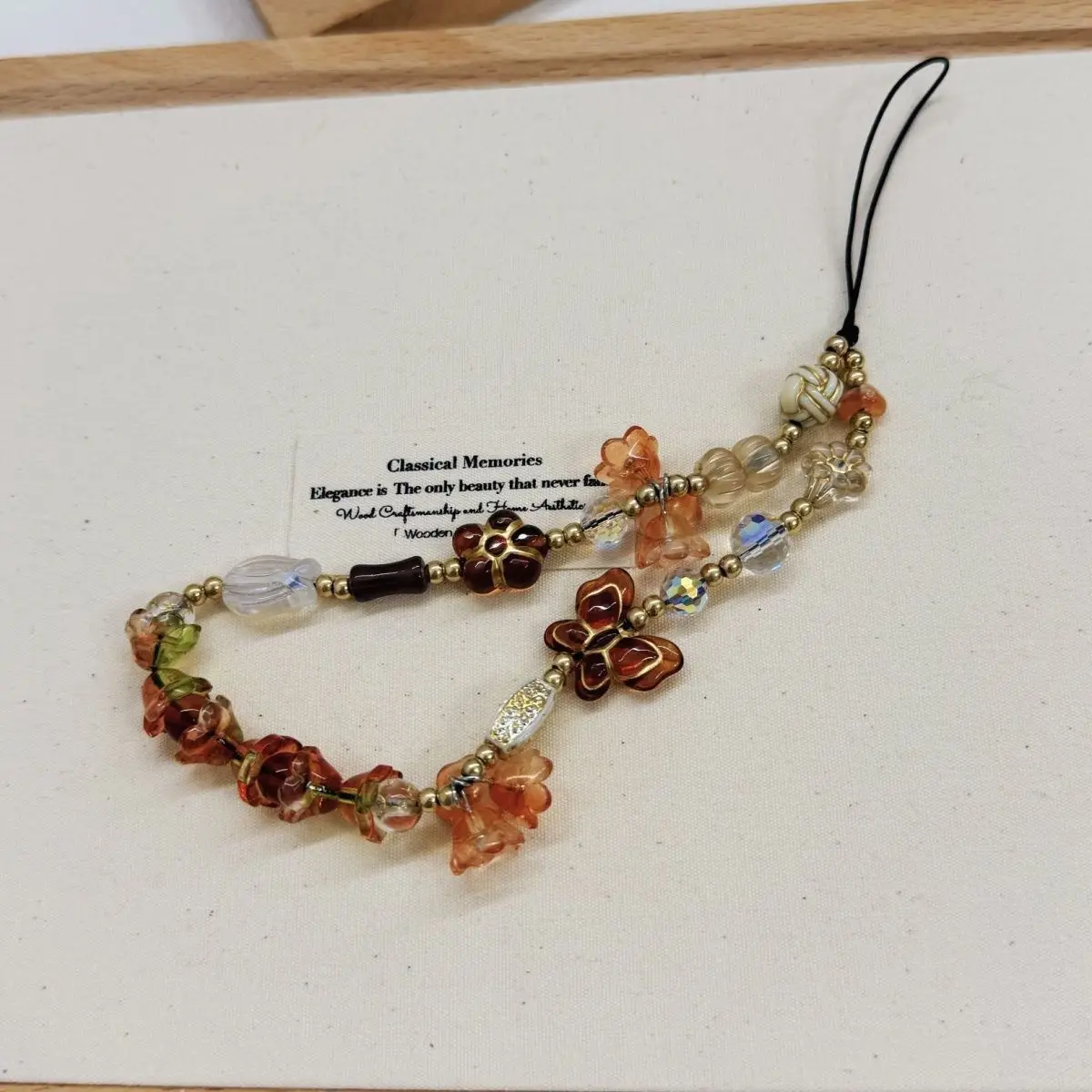 Vintage Brown Bellflower Phone Charm Lanyard Retro Beaded Butterfly Short Wrist Strap Bracelet for Women Bag CCD Camera Pendant