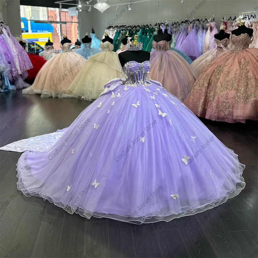 Восстанавливаемые фиолетовые платья Quinceanera с аппликацией в виде бабочки, роскошное бальное платье 2024, расшитое бисером, с открытыми плечами, платье для 15 лет