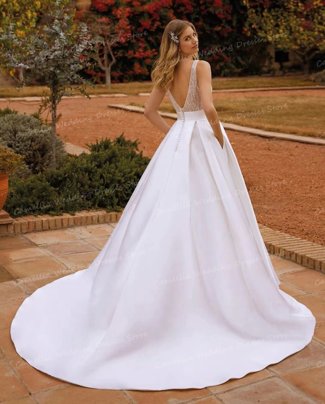 Simple Sexy Satin Wedding Dresses A Line Sexy Women's V Neck Bridal Gowns Backless Sweep Train Sleeveless Formal Vestidos Novia