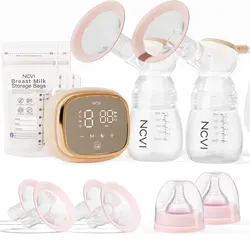 NCVI Double Electric Breast Pumps, 4 Modes 9 Levels Extra Large Battery 4 Size Flanges 6 Nursing Dads 10 Breastmilk Storage Bags