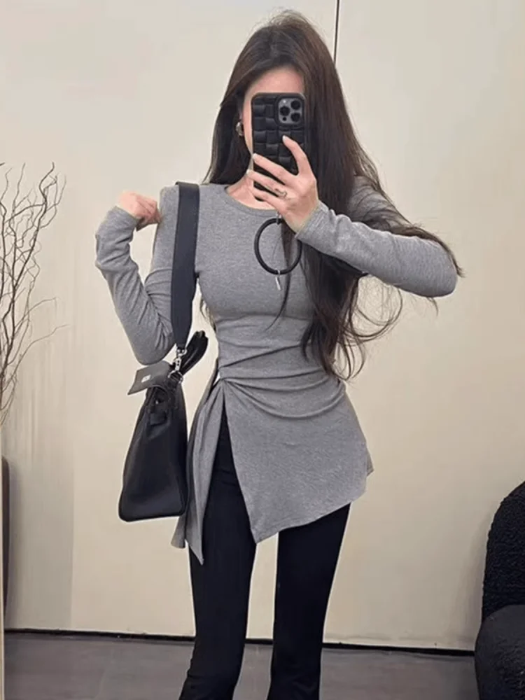 

Sweet And Spicy Long Sleeve T-Shirt Women's Early Autumn New Style Slimming Sexy Side Split Top Unregular Tie Design round Neck