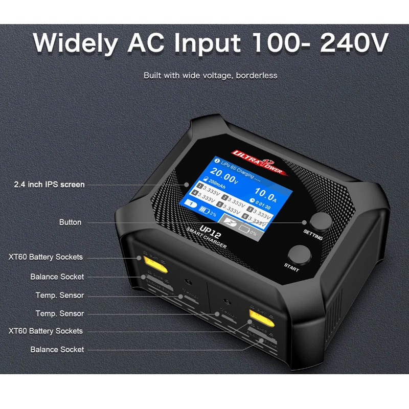 UP12 200W 10A Smart Dual Channel AC Charger 2.4 Inch IPS Colorful Screen