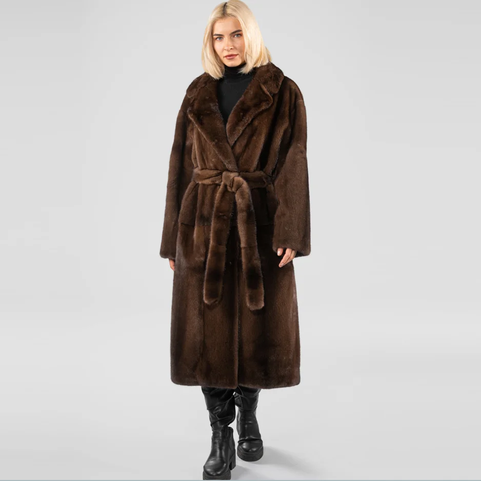 Ladies new high quality mink fur coat 100% real mink fur coat with belt added to keep warm in winter European street style