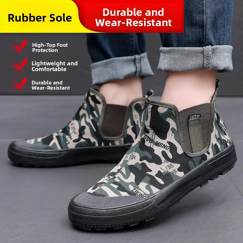 Men's Labor Protection Shoes Lightweight Breathable Canvas Work Shoes Wear-Resistant Middle Help for Construction Site Work