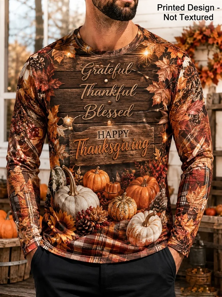 Men's Thanksgiving Long Sleeve T-Shirt Grateful Thankful Blessed Autumn Pumpkin Sunflower Pinecone Maple Leaf Graphic Tops Gift