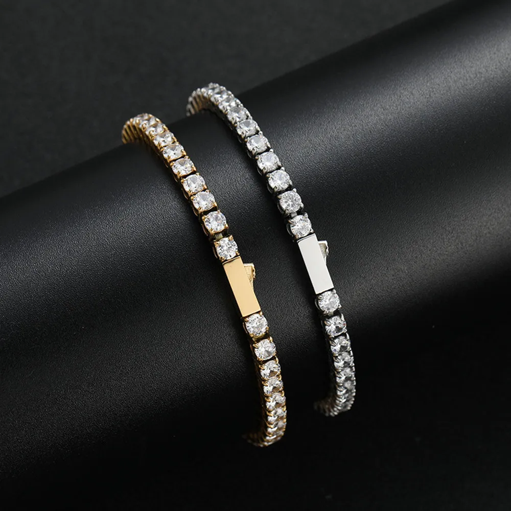 ステンレス製3-5mmテニスチェーン-シングルロウジルコンヒップホップブレスレット