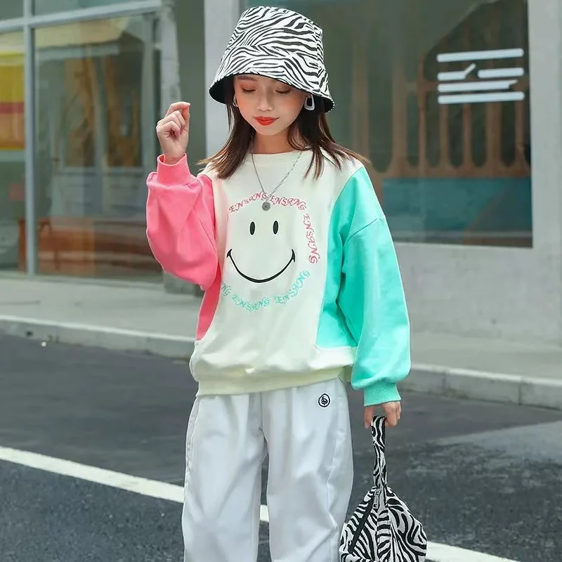 

10% Cotton Girls Spring Autumn Sweatshirt with Smile Face Print Kids Child Cheap Price Patchwork Long Sleeve T-shirt For Age 7 Y