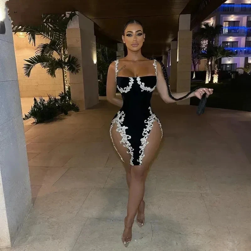 Black And White Short Prom Dresses Lace Appliques Aso Ebi African Women Mini Evening Gowns Velvet Formal Party Dress