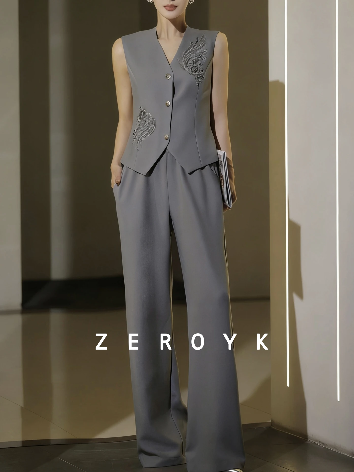 

Zeroyk Women's Embroidered Crop Top And High Waist Skirt Set Spring Summer Fashion Casual Breathable V-neck Button Closure