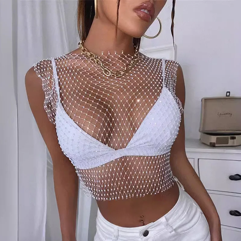 Diamond Fishing Net Top Crystal Beading Shiny Summer Girls Party Club Sexy Hollow Out Rhinestones Cropped Navel Sleeveless Vest