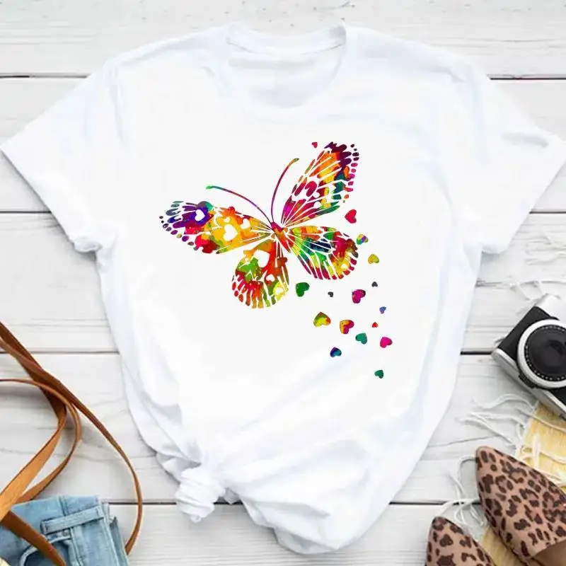 Moda damska męska koszulka kolorowa motyl płatek wydruk graficzny T Shirt Casual wycięcie pod szyją krótki rękaw Plus rozmiar T Shirt Unisex