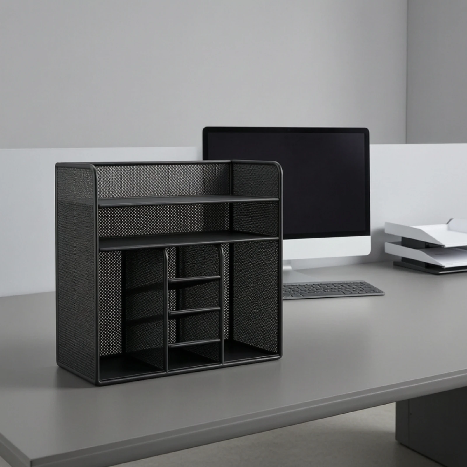 Iron Desk Storage Rack with Pen Holder Space-Saving Metal Mesh Desktop Shelf with Compartments Desktop Storage Rack Compact