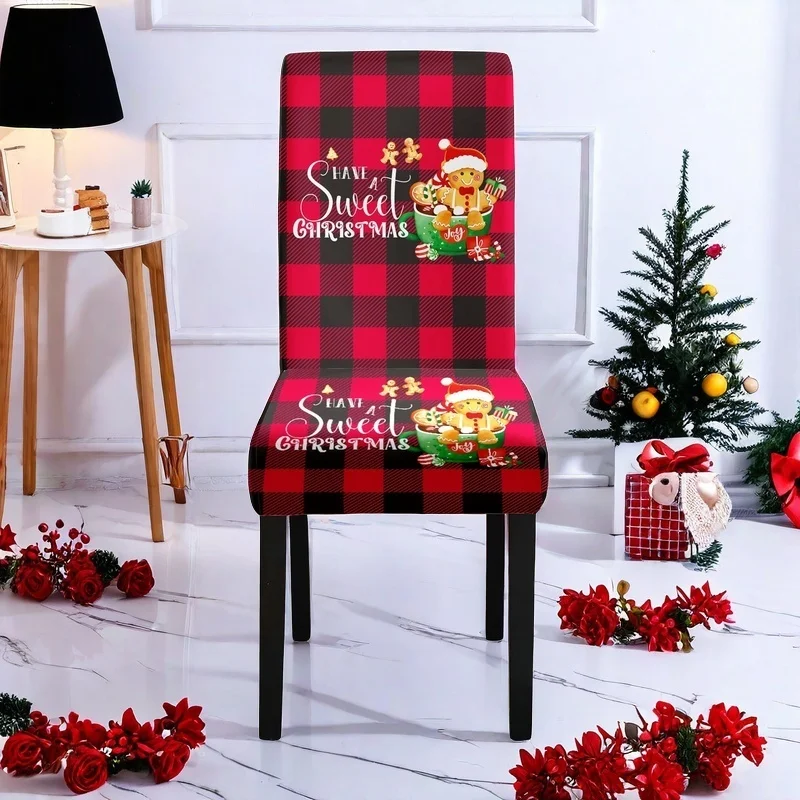 2/4/6 قطع من أغطية كراسي تناول الطعام لعيد الميلاد مصنوعة من نسيج حرير الحليب المرن، قابلة لإعادة الاستخدام وقابلة للغسل، مع طباعة رجل الزنجبيل.