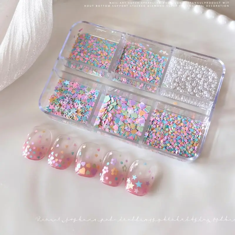 White Pearl Nail Art Decor Set Mixed Color Sequin with White Rhinestones 3D Embellishments for Salon and Home Manicure
