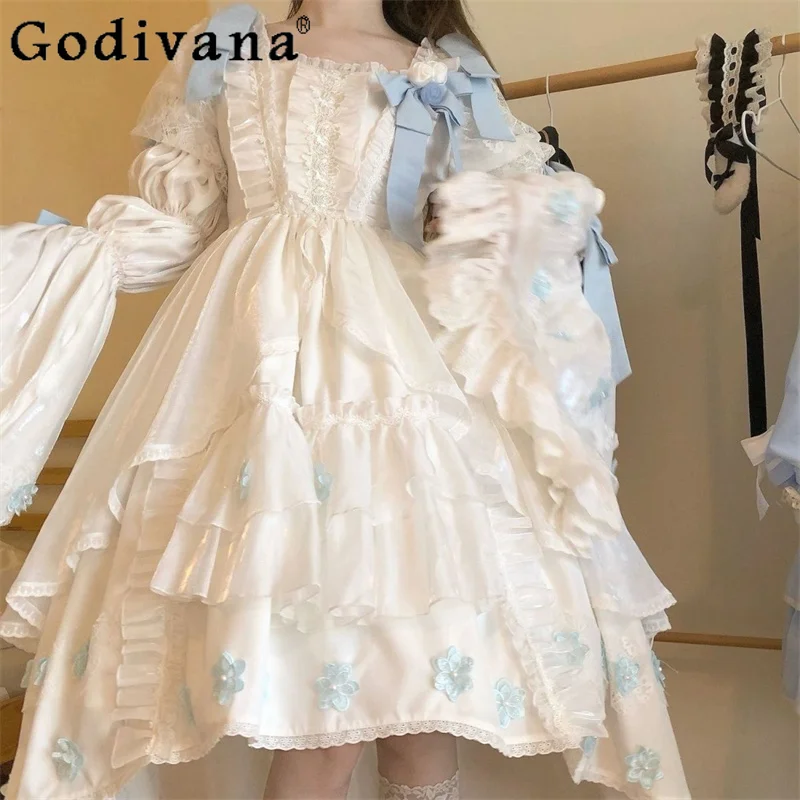 

2025 Ruffles White Lolita Removable Flared Sleeve Princess Dress Spring Autumn Girl High Waist A-line Bow Temperament Dresses