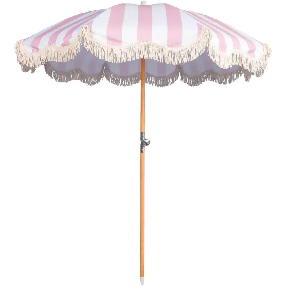 6.5ft Boho Beach Umbrella with Fringe, UPF 50+ Tassel Umbrellas with Carry Bag, Premium Wood Pole Foldable Patio Umbrella