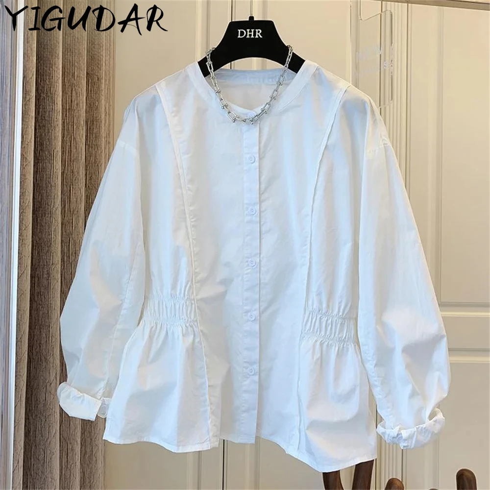 

Women's White Shirt Long sleeved Spring and Autumn Round Neck Tighten The Waist Shirt New Loose Casual Women's Tops