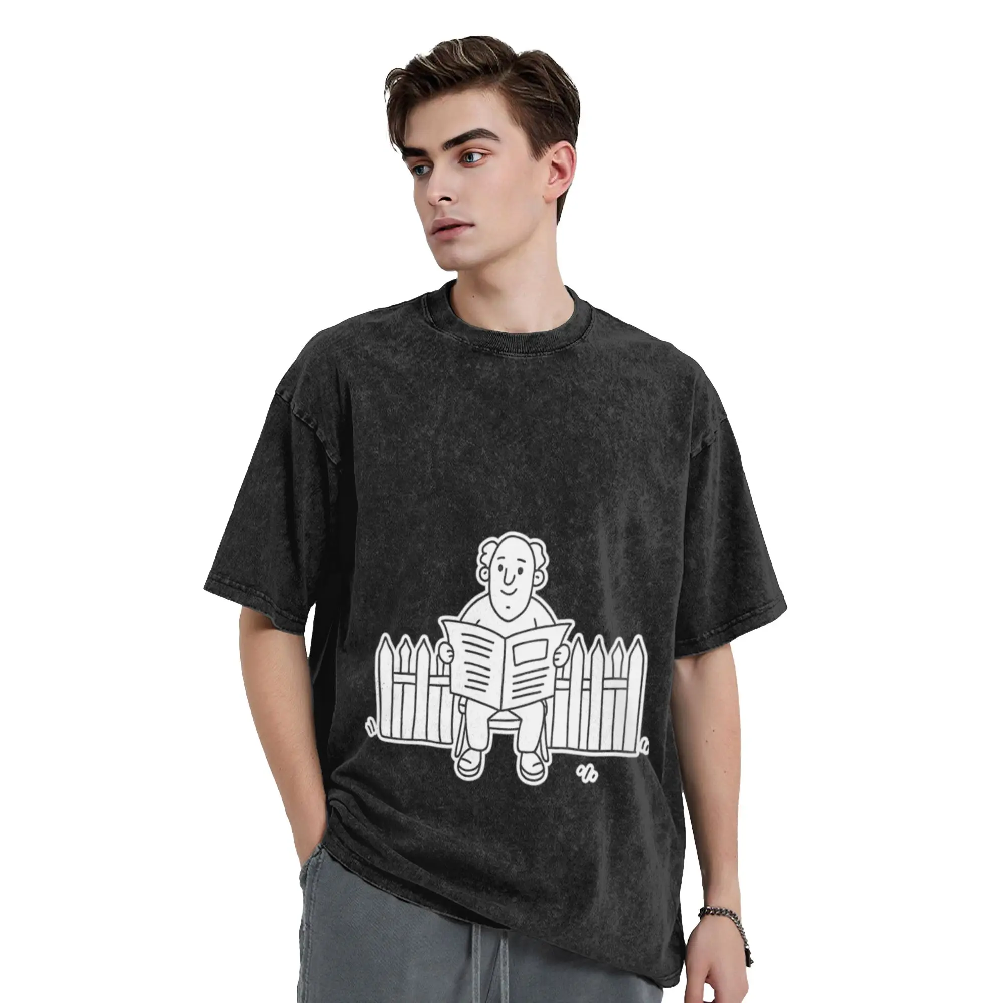 An uncle reading the paper while seated near a garden fence Classic Comfort A Vintage Oversized Cotton T-Shirts