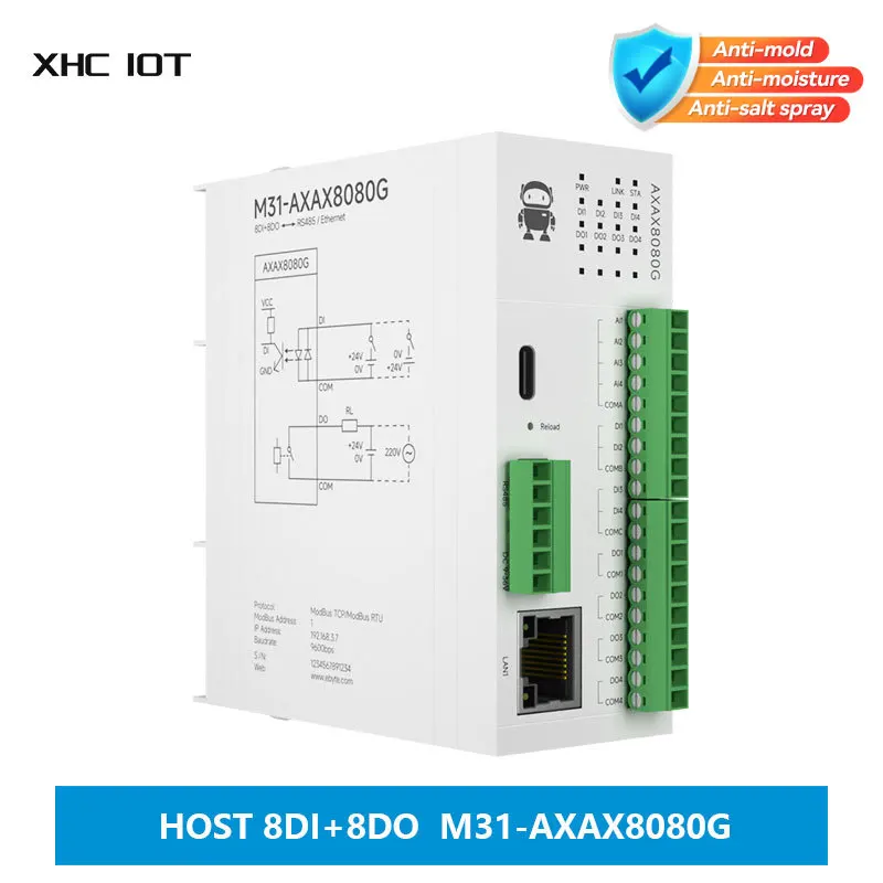 

8DI+8DO Distributed Remote IO Module XHCIOT M31-AXAX8080G Host Module Analog Switch Acquisition Free Splicing Modbus TCP/RTU