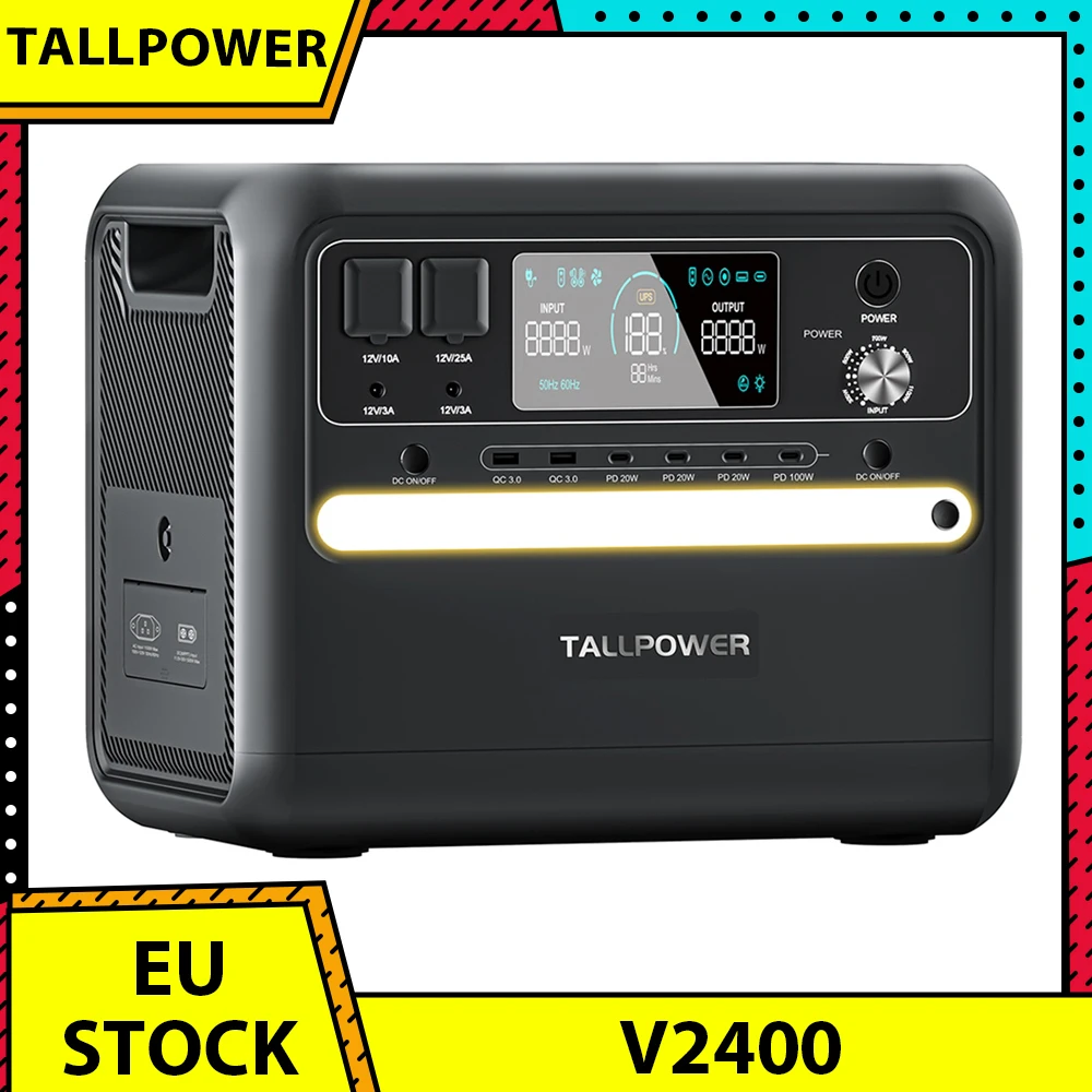 Station d'alimentation portable TALLPOWER V2400, générateur solaire LiFePo4 2160Wh, sortie AC 2400W, USB-C PD 100W, fonction UPS, 13 sorties