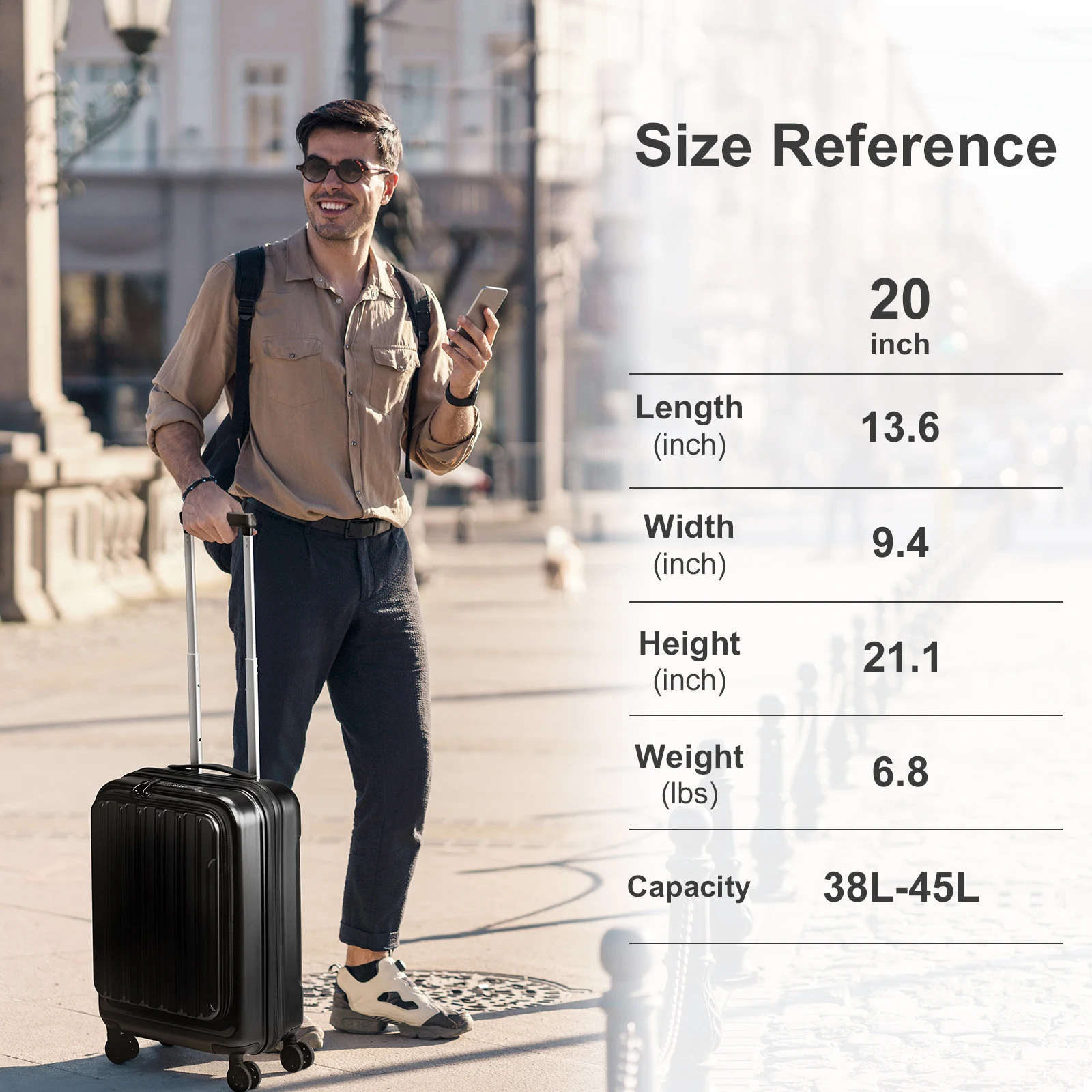 22 ×14 × 9 Airline Approved with USB Port, ABS+PC 20 Inch Luggage with Front Compartment, Double Spinner Wheels, TSA Lock Black