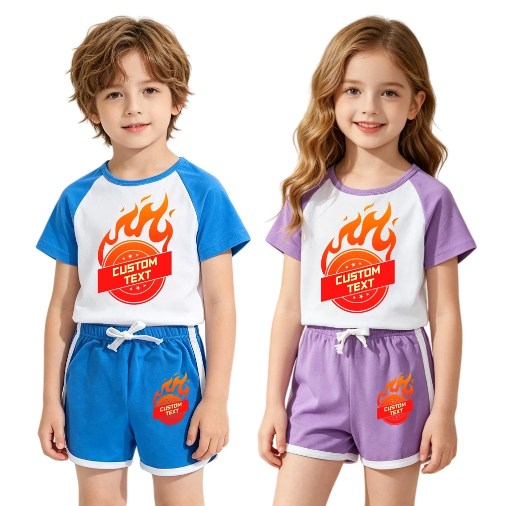 

Personalized Kids Set Customized Cotton Tee and Shorts Toddler Custom Name Logo Photo Design Boys Girls Summer Sports Outfit